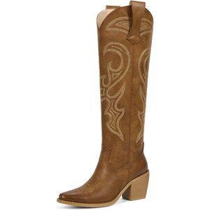 ✨ Wetkiss Cowgirl Boots Women Brown Faux Leather Knee High Comfort Fashion Boots